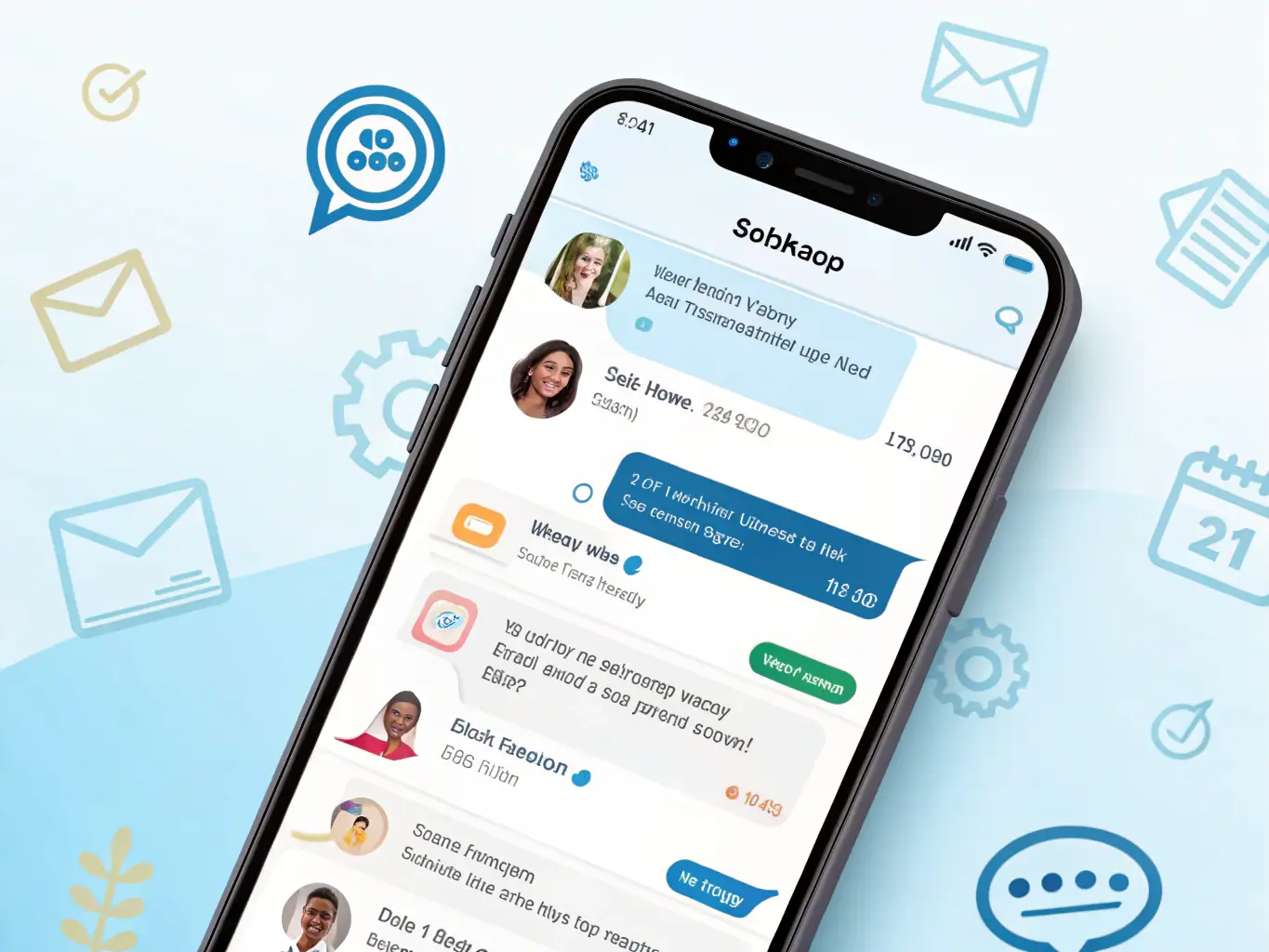 A graphic representation of the SpeakSwap app's language learning interface, highlighting interactive features such as text chat, voice calls, and video conferencing. The design emphasizes the app's user-friendly interface and seamless communication tools.