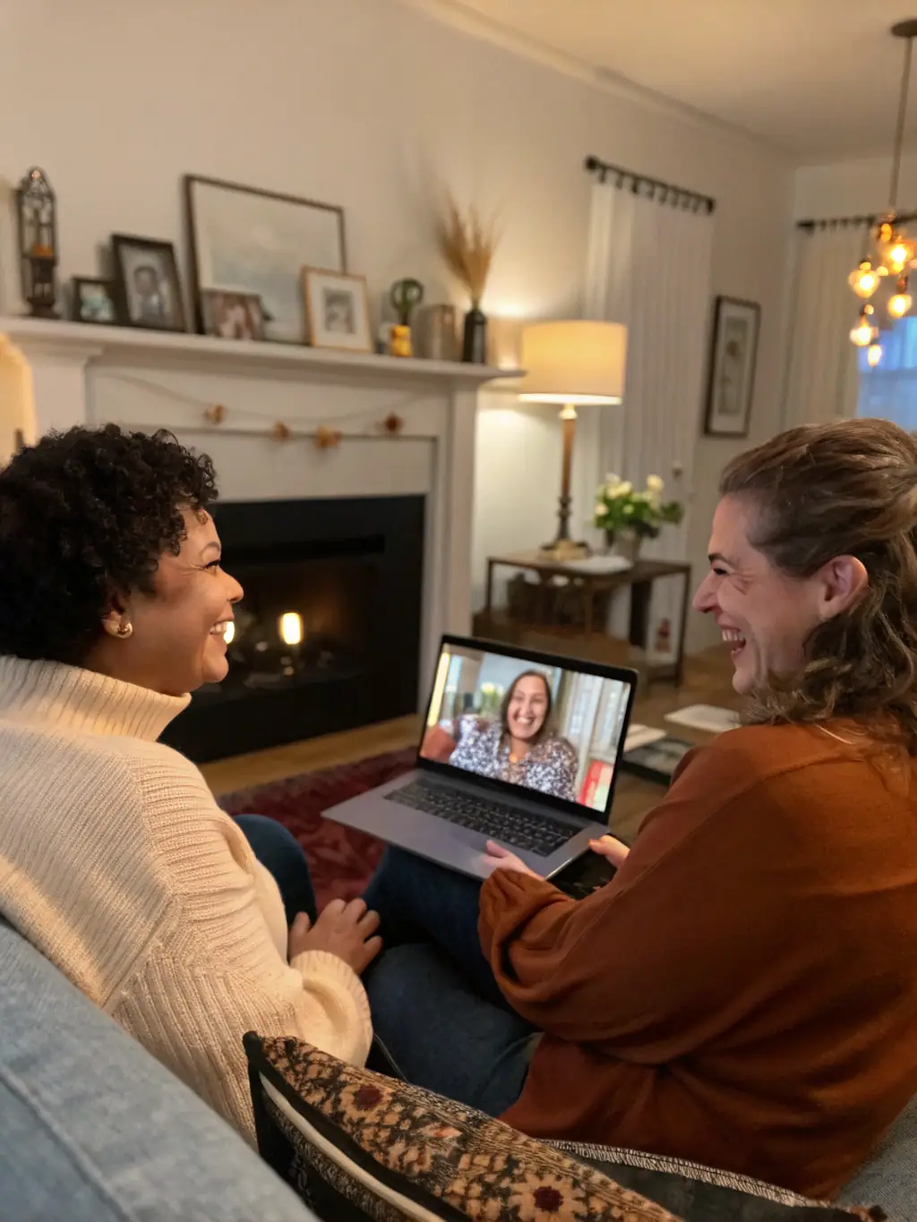 A person teaching another person a language via video call on the SpeakSwap app, both smiling and engaged in the lesson.